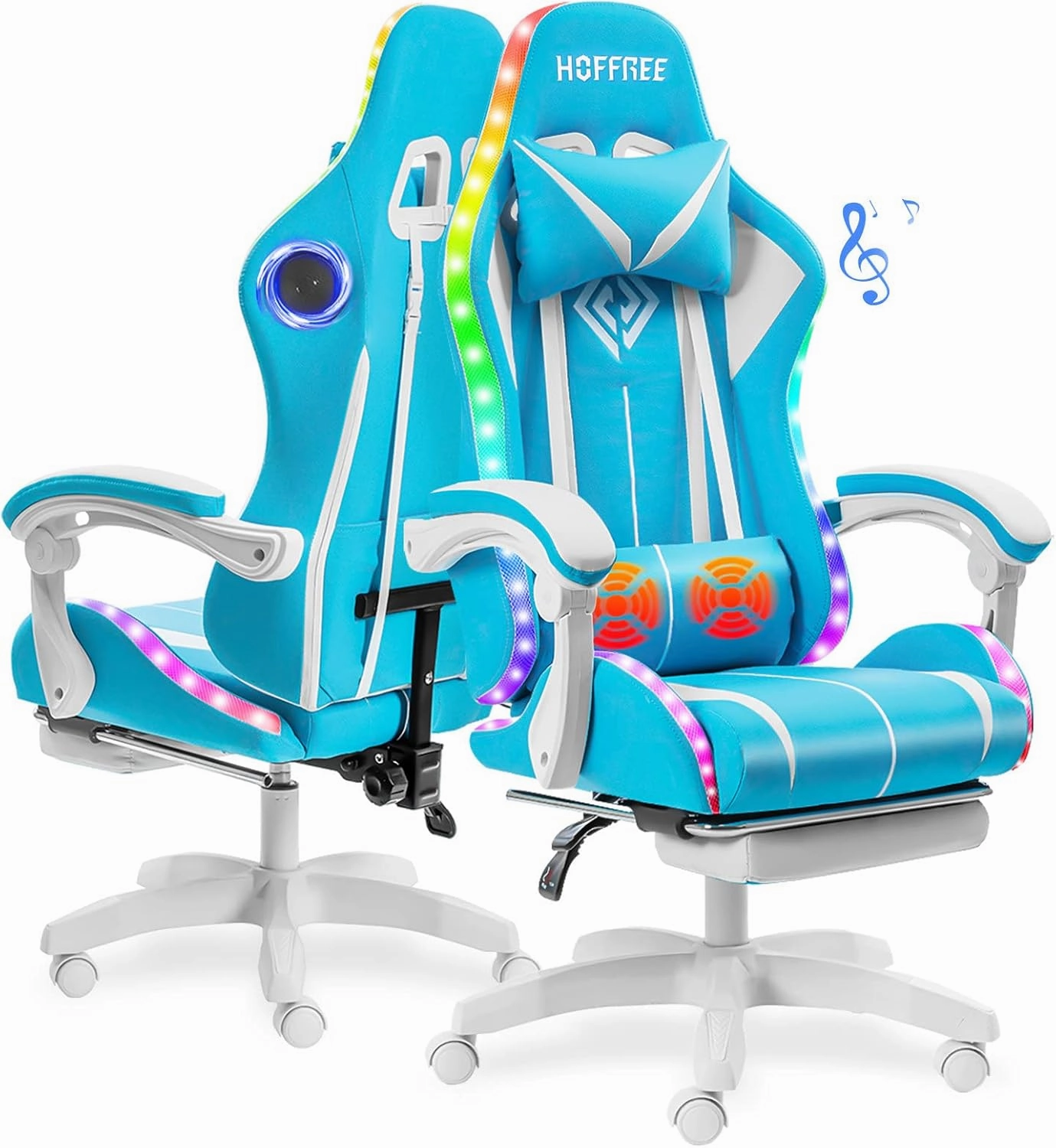 RGB Gaming Chair with Bluetooth Speakers and LED Lights Cute Massage Computer Gaming Chair with Footrest High Back Music Video Game Chairs with Lumbar Support for Kids Girl Kawaii Light Blue and White