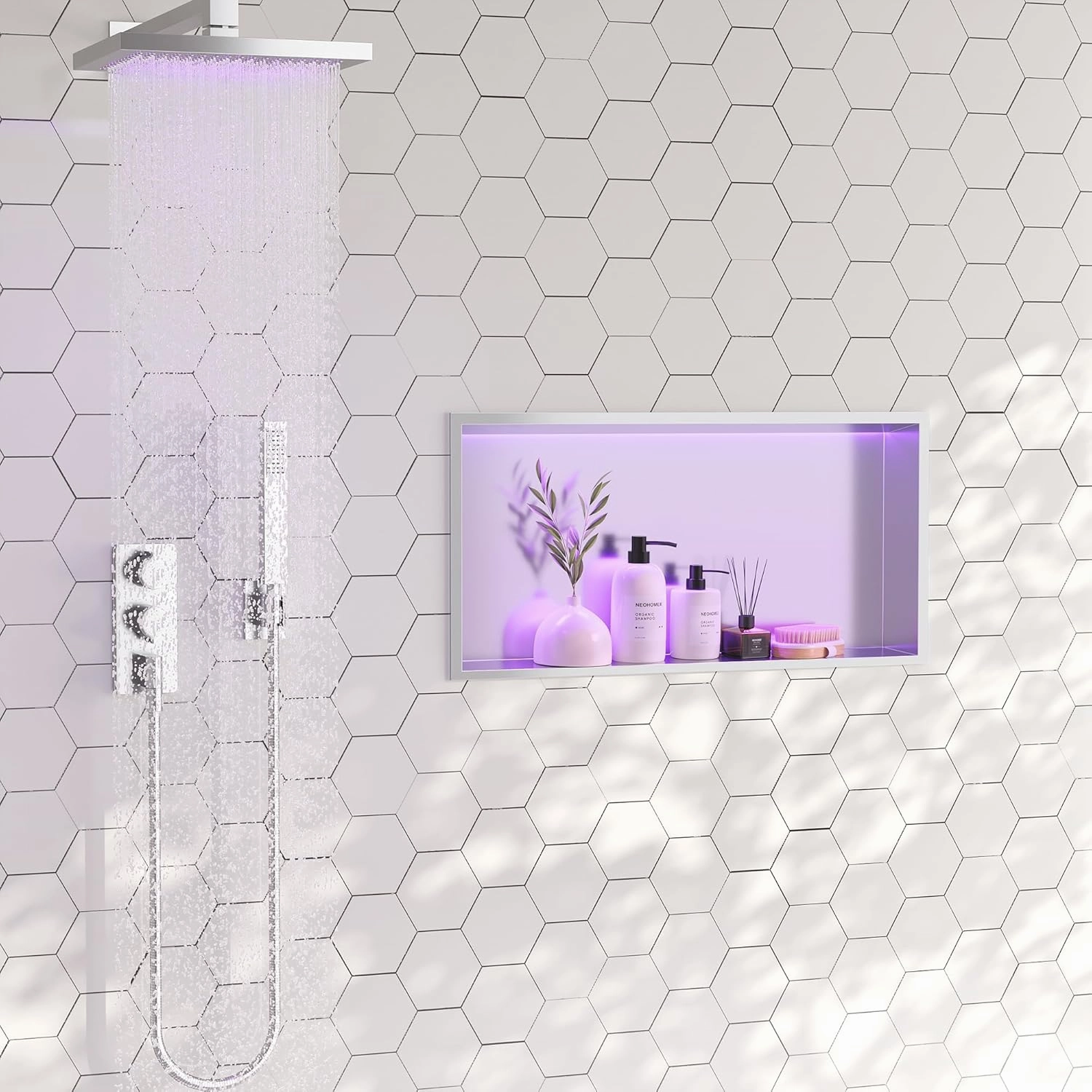 RGB LED Light Shower Niche, Brushed 24X12 in Stainless Steel Wall Niche with Remote Control, Waterproof No Tile Needed Wall Niche for Bathroom Storage Built-in Installation