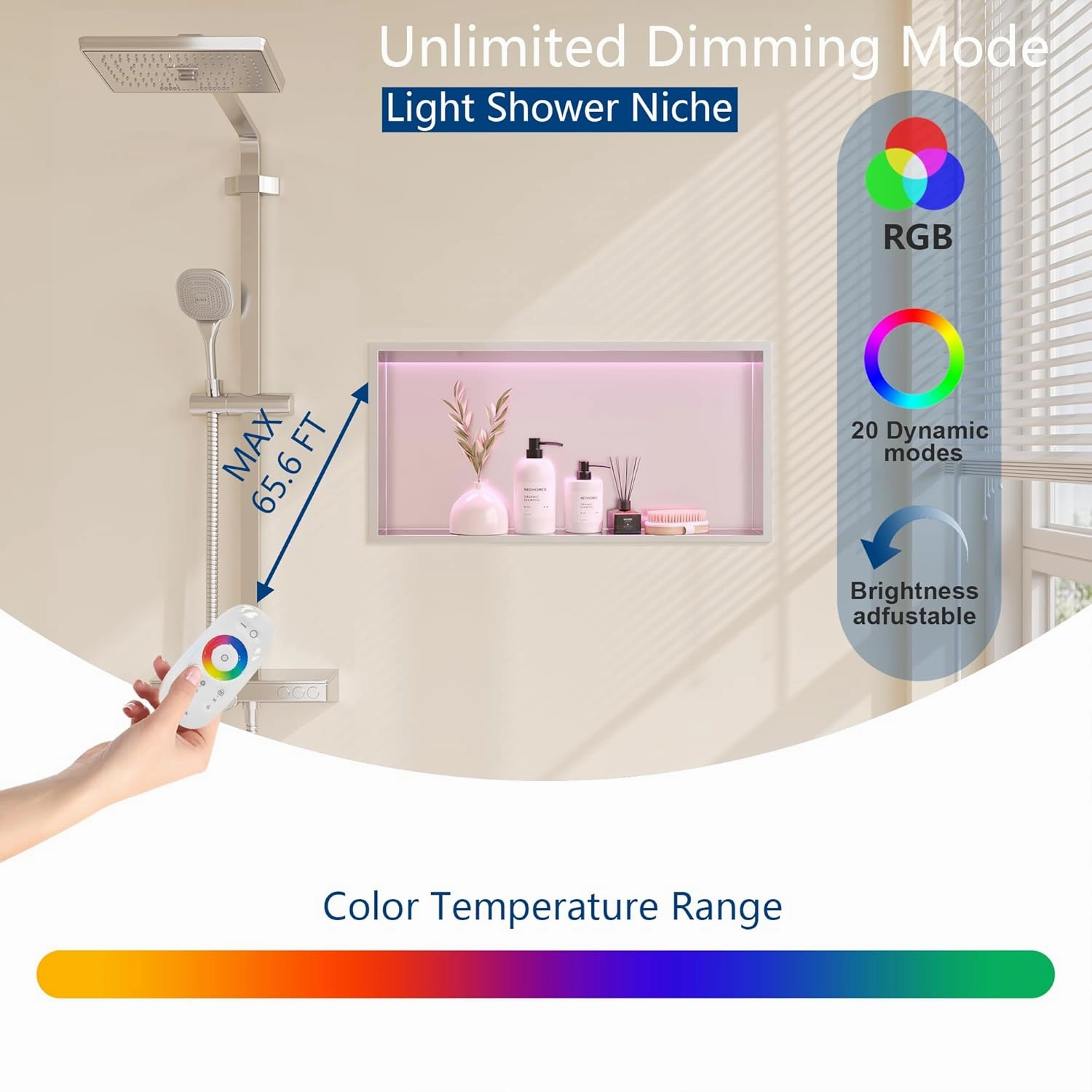 RGB LED Light Shower Niche, Brushed 24X12 in Stainless Steel Wall Niche with Remote Control, Waterproof No Tile Needed Wall Niche for Bathroom Storage Built-in Installation