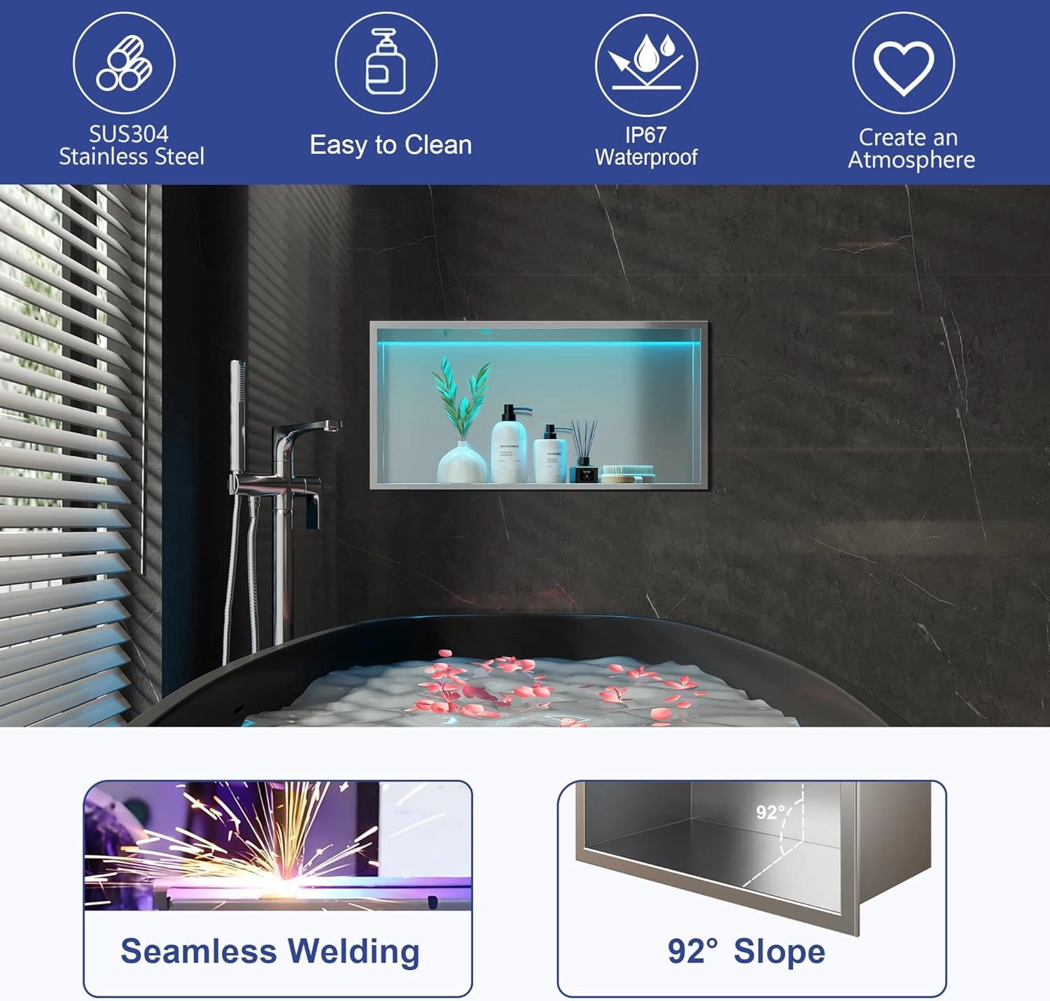 RGB LED Light Shower Niche, Brushed 24X12 in Stainless Steel Wall Niche with Remote Control, Waterproof No Tile Needed Wall Niche for Bathroom Storage Built-in Installation