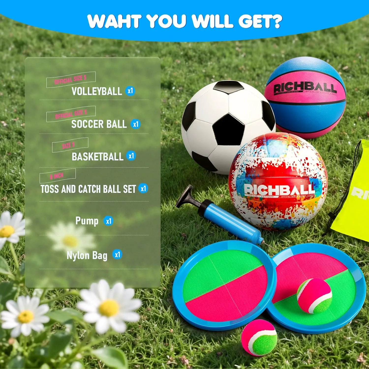 Richball 4-in-1 Outdoor Sports Ball Set for Kids – Soccer Ball, Basketball, Volleyball & Toss-and-Catch Paddle Game for Boys & Girls 4-12 Years Old Gifts