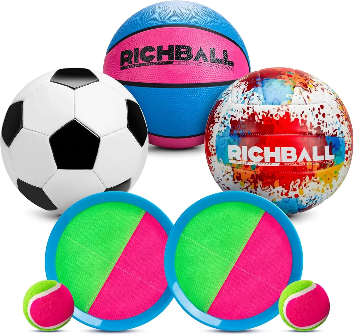 Richball 4-in-1 Outdoor Sports Ball Set for Kids – Soccer Ball, Basketball, Volleyball & Toss-and-Catch Paddle Game for Boys & Girls 4-12 Years Old Gifts
