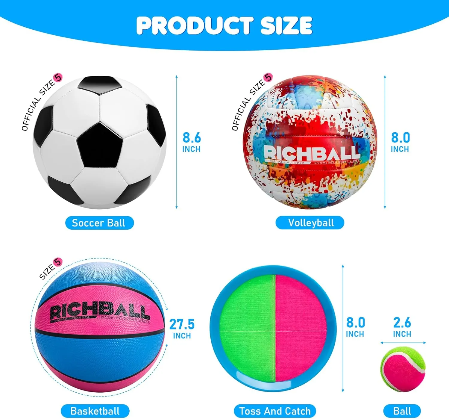 Richball 4-in-1 Outdoor Sports Ball Set for Kids – Soccer Ball, Basketball, Volleyball & Toss-and-Catch Paddle Game for Boys & Girls 4-12 Years Old Gifts