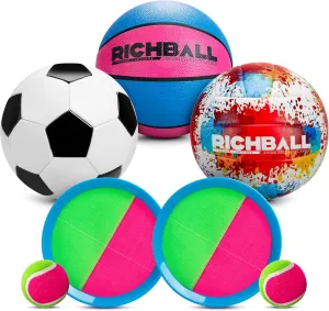 Richball 4-in-1 Outdoor Sports Ball Set for Kids – Soccer Ball, Basketball, Volleyball & Toss-and-Catch Paddle Game for Boys & Girls 4-12 Years Old Gifts