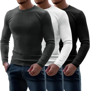 Riyiper 3 Pack Men's Ribbed Thermal Shirts Crew Neck Long Sleeve Tops Winter Stretchy Slim Basic Undershirt