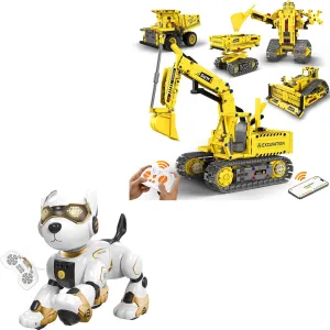 Robot Building Kits, 5-in-1 Stem Toys for Boys Age 8-14, APP & Remote Control Excavator Kids Construction Toys, Robot Dog Toys for Kids, Remote Control Dog Robot, Voice & Touch Control