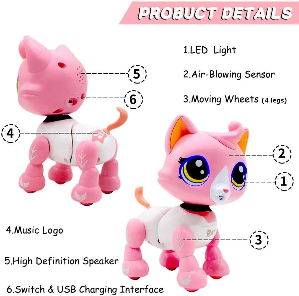 Robot Cat Electronic Pet Interactive Catty Toy for Age 3 4 5 6 Year Old Girls Gifts Idea Cute (Pink Cat)