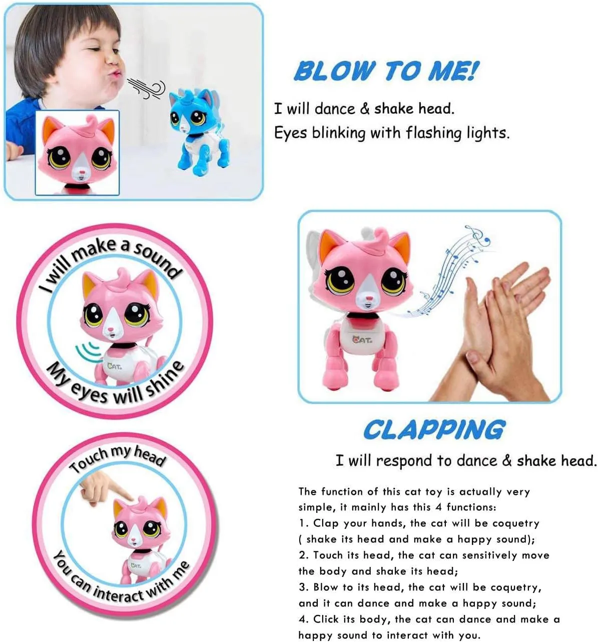 Robot Cat Electronic Pet Interactive Catty Toy for Age 3 4 5 6 Year Old Girls Gifts Idea Cute (Pink Cat)