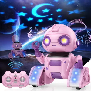 Robot Toys for Kids,RC Robot with Gesture Sensing & LED Eyes,Star Projector and Music,Easter Gifts for 6  Years Girls(Pink)