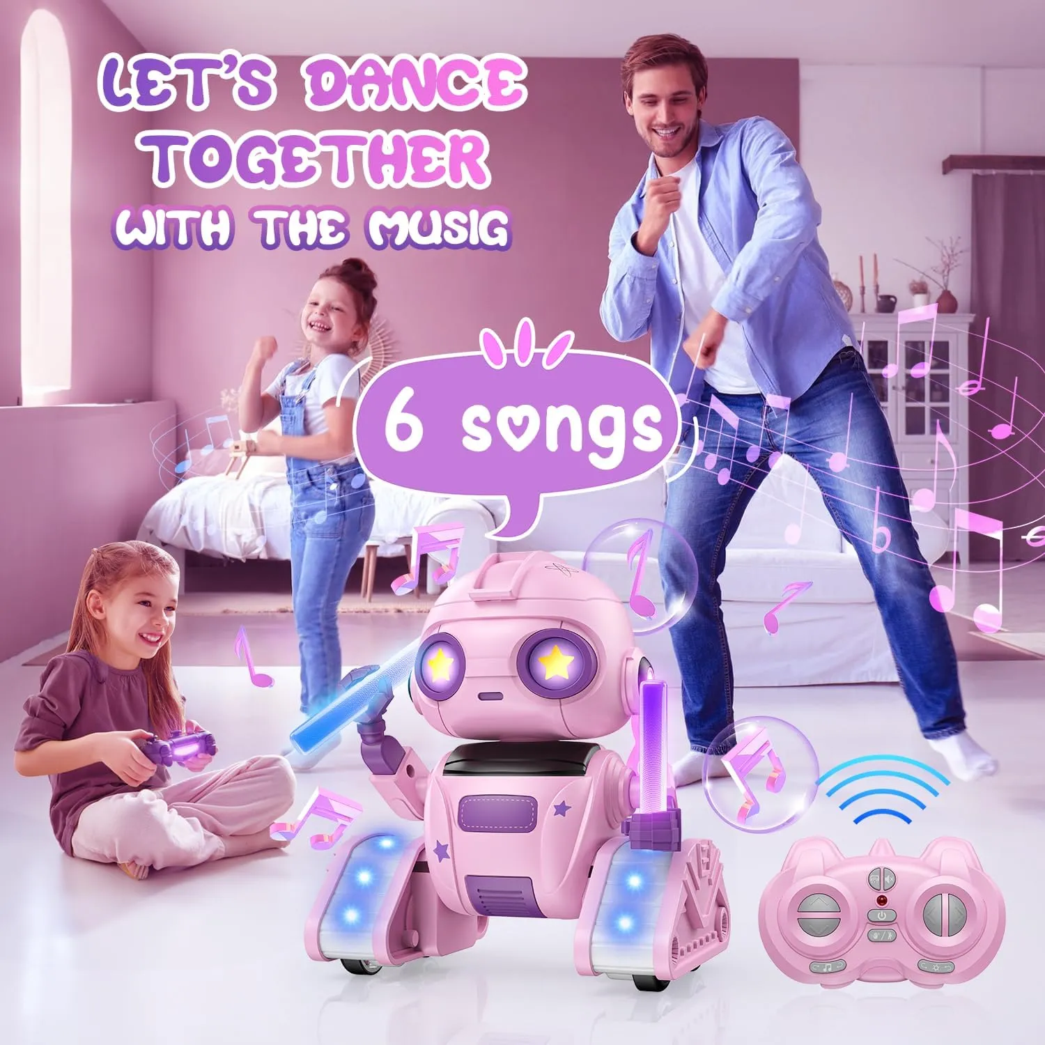 Robot Toys for Kids,RC Robot with Gesture Sensing & LED Eyes,Star Projector and Music,Easter Gifts for 6  Years Girls(Pink)