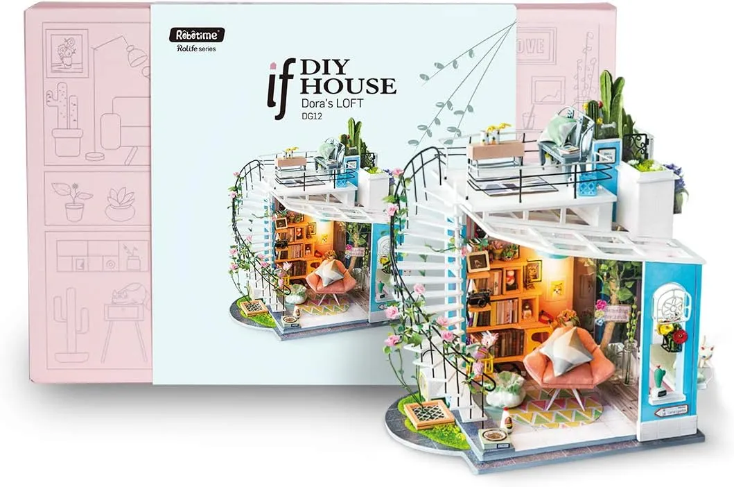 ROBOTIME DIY Miniature Dollhouse Kit - 1:24 Scale Miniature House Kit with LED Light - Tiny House Kit with Furniture Best Birthday for Women and Men