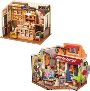 ROBOTIME Miniature House Kit DIY Mini Dollhouse Tiny Store Making Kit with LED Light Corner Bookstore & Becka's Baking House