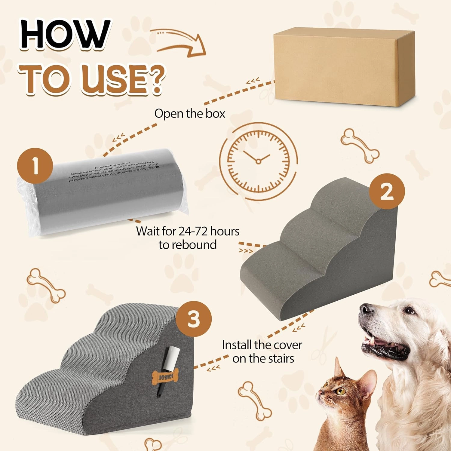 Romrol Dog Stairs Ramp for Beds Couches, Extra Wide Pet Steps with Durable Non-Slip Waterproof Fabric Cover, Dog Slope Stairs for Small Dogs and Cats or Pets Friendly, 3-Tiers,15 Inch