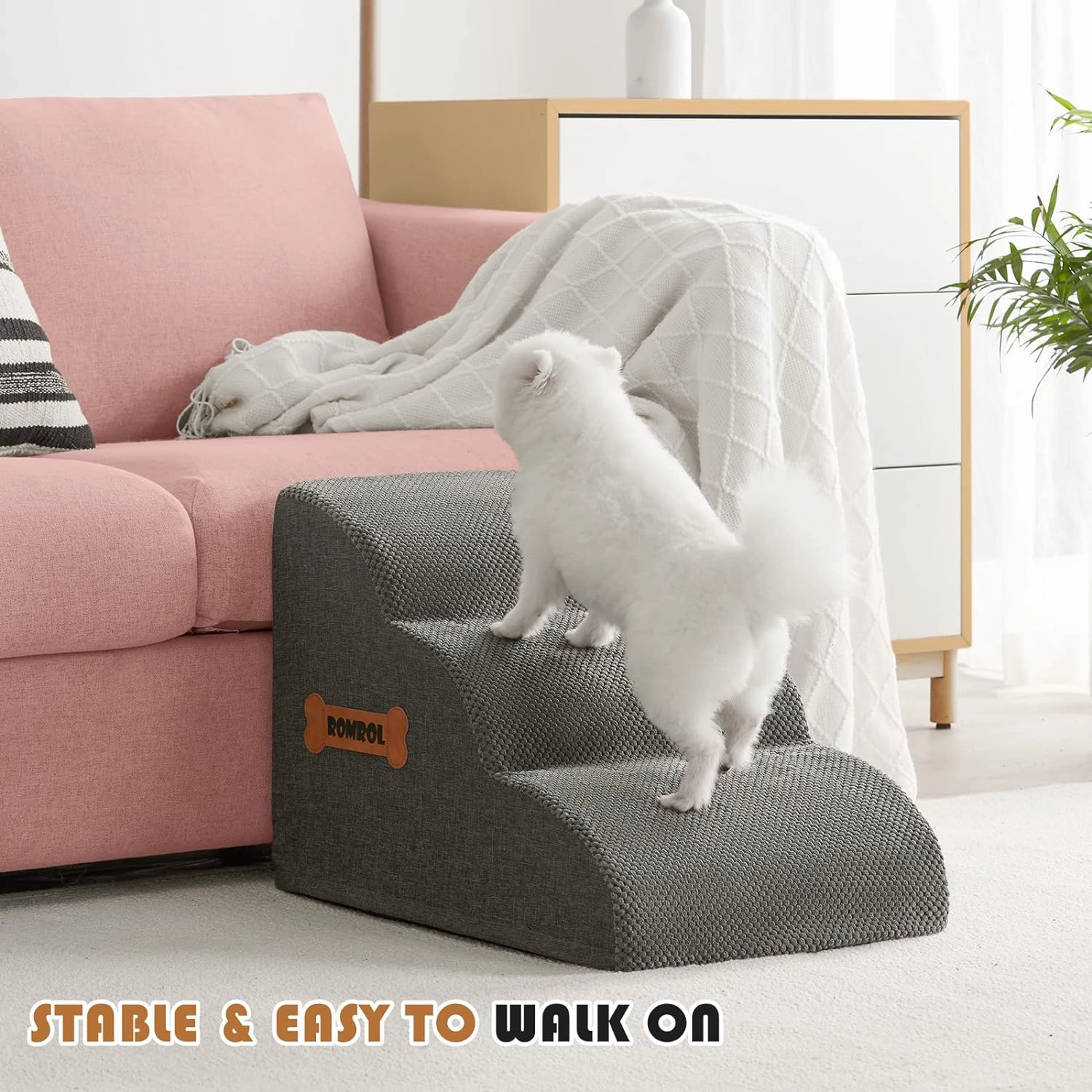 Romrol Dog Stairs Ramp for Beds Couches, Extra Wide Pet Steps with Durable Non-Slip Waterproof Fabric Cover, Dog Slope Stairs for Small Dogs and Cats or Pets Friendly, 3-Tiers,15 Inch