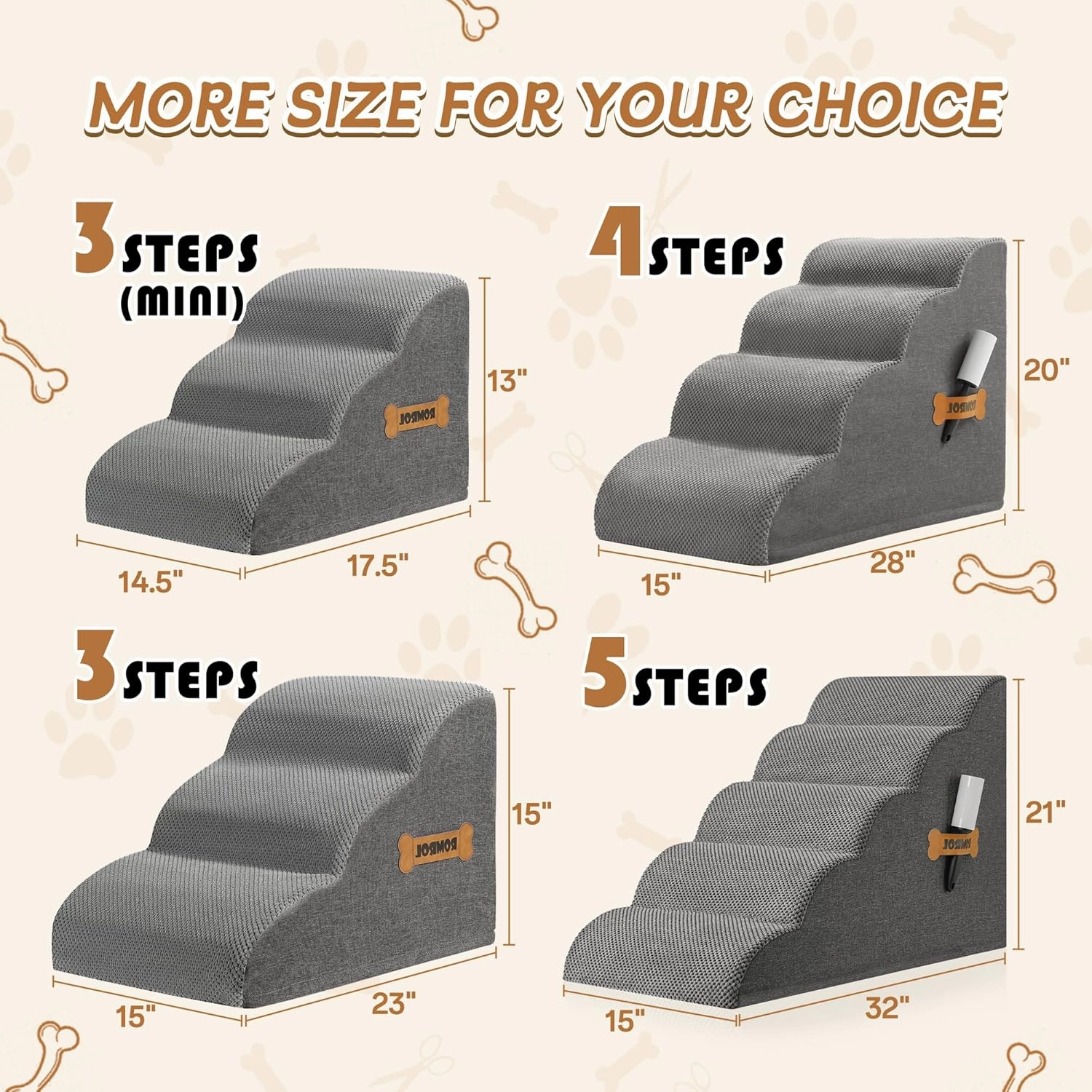 Romrol Dog Stairs Ramp for Beds Couches, Extra Wide Pet Steps with Durable Non-Slip Waterproof Fabric Cover, Dog Slope Stairs for Small Dogs and Cats or Pets Friendly, 3-Tiers,15 Inch