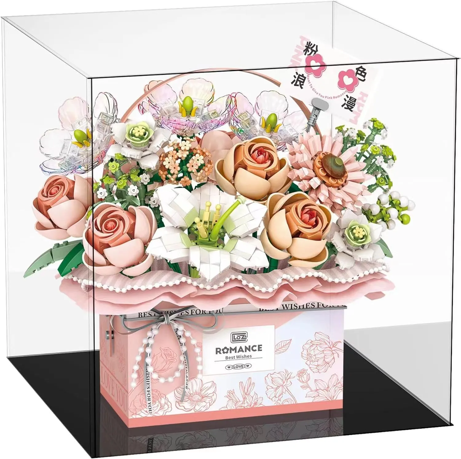 Rose Flowers Building Kit with Acrylic Display Case-1212 Pieces Perfect Valentine's Day Gift