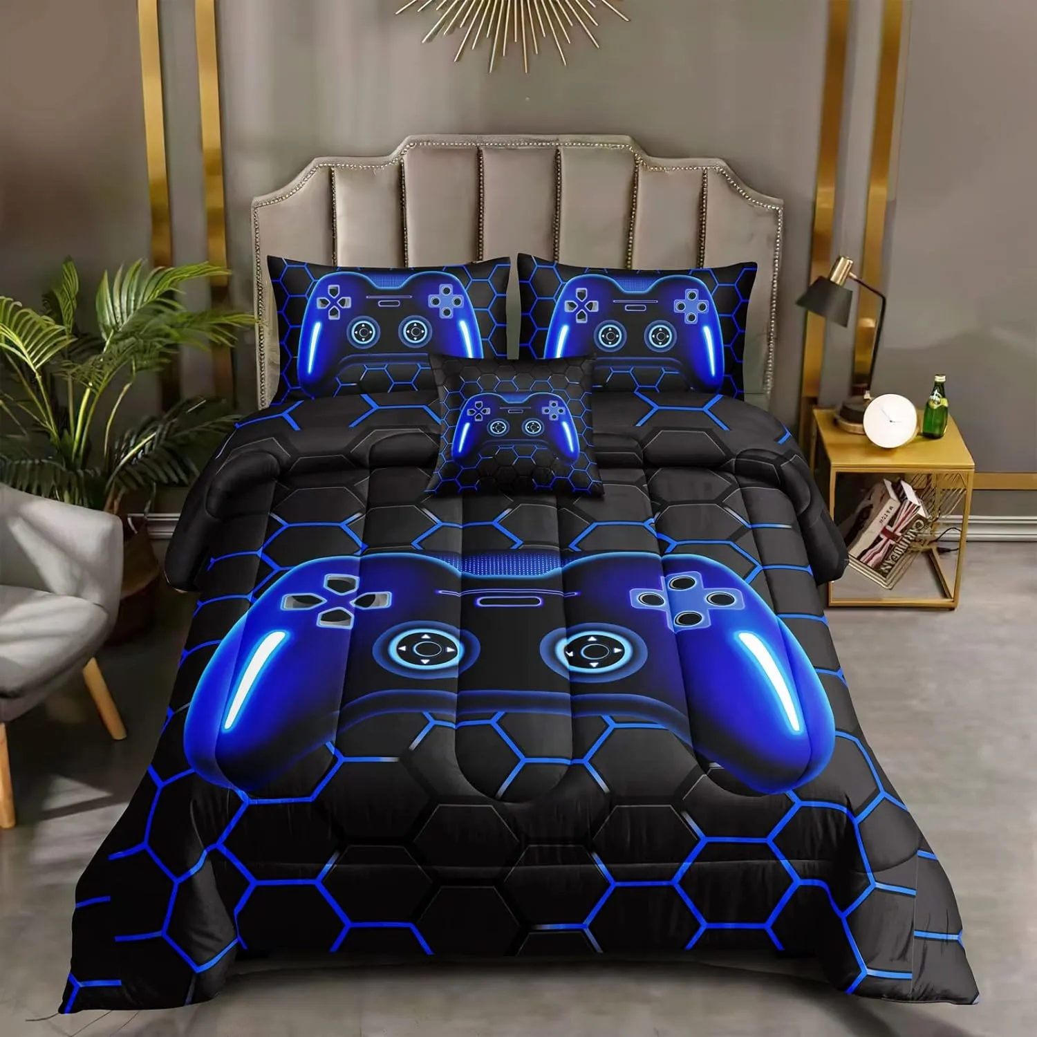 ROWADALO 6 Pieces Bed in A Bag Gamer Bedding Set for Boys Kids Adult Gaming Comforters Set,Boys Bed in A Bag Set Queen Size Comforter with Fitted Sheet Flat Sheet Pillowcase pillowsham,DJTH5025Queen