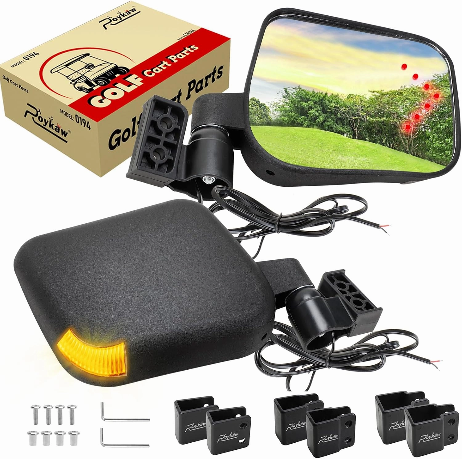 Roykaw Golf Cart No Drilling Side Mirrors with LED Turn Signal Light, Folding Side Rear View Mirrors Compatible with EZGO/Club Car/Yamaha Square Tube Vehicles, HD Glass Mirrors & Freely Adjustable