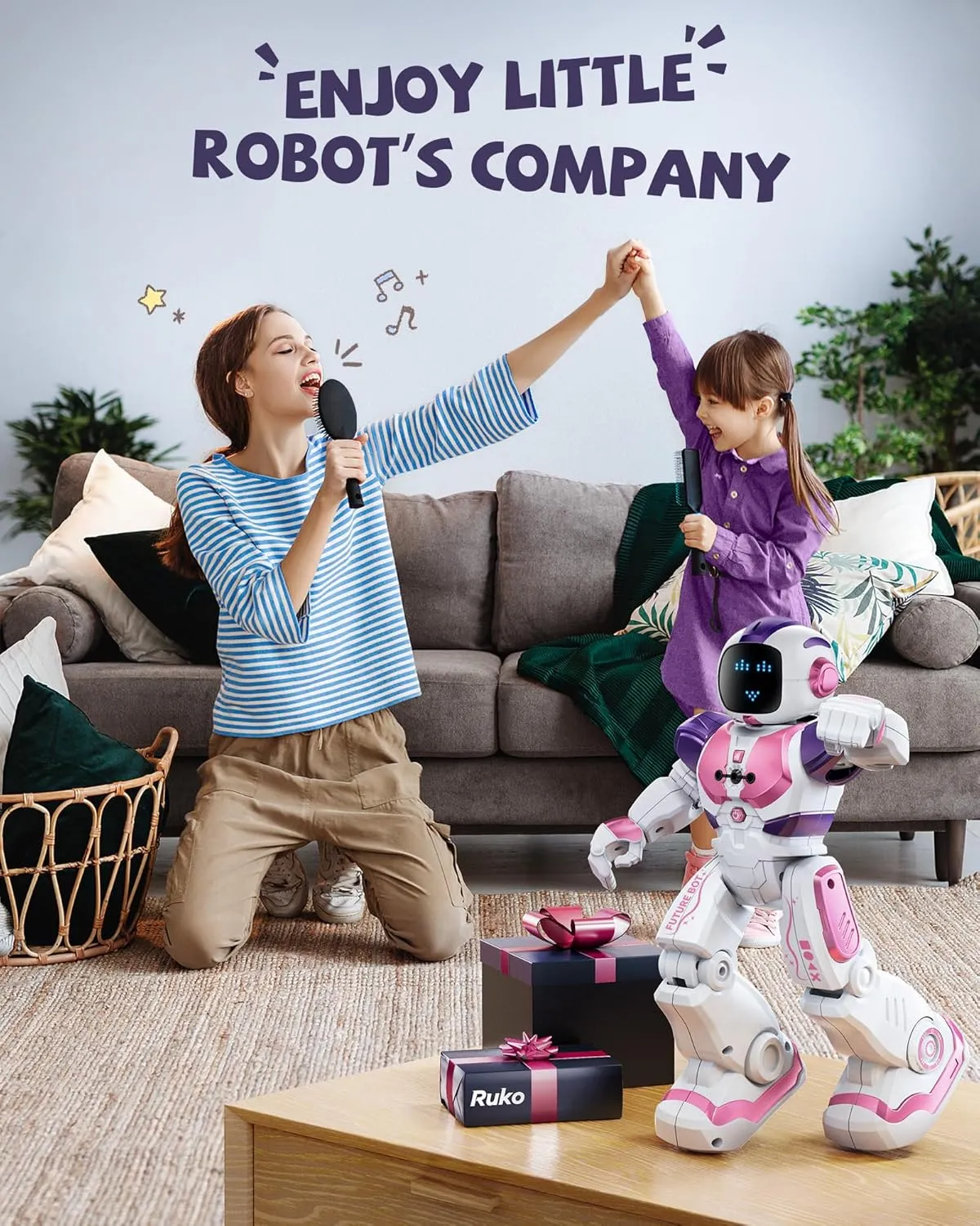 Ruko 6088 Dancing Robot for Girls with APP Control, Remote Control, Gesture Sensing Control, Interactive LED Emoji, QA Games Rechargeable Programmable Robot Toys for 3 4 5 6 Years Kids, Pink Purple