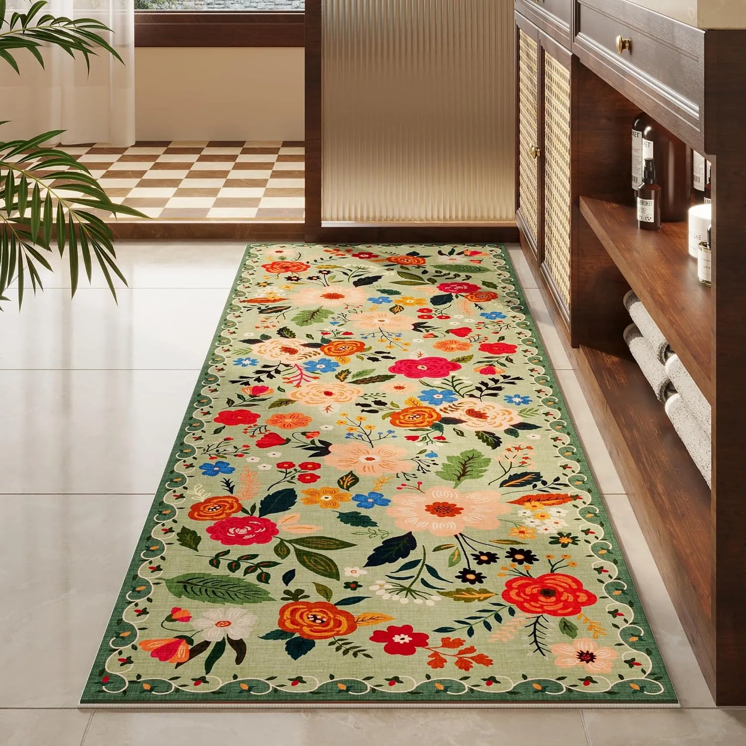 Runner Rug for Hallways Kitchen Rug Non Slip 2'x 6' Washable Rugs with Rubber Backing Soft Floral Carpet Runner for Hallways, Kitchen, Laundry, Bedroom, Bathroom(Green)