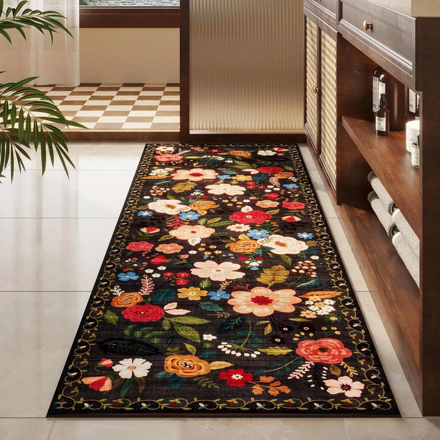 Runner Rug for Hallways Kitchen Rug Non Slip 2'x 6' Washable Runner Rugs with Rubber Backing Soft Floral Carpet Runner for Hallways, Kitchen, Laundry, Bedroom, Bathroom(Black)