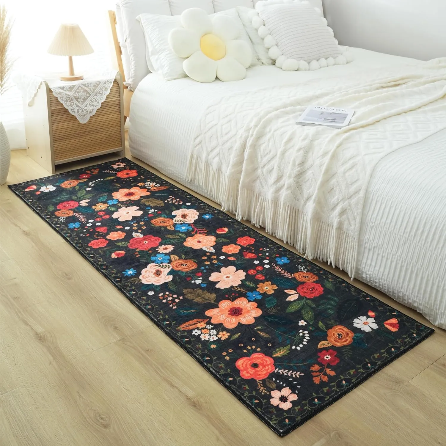 Runner Rug for Hallways Kitchen Rug Non Slip 2'x 6' Washable Runner Rugs with Rubber Backing Soft Floral Carpet Runner for Hallways, Kitchen, Laundry, Bedroom, Bathroom(Black)