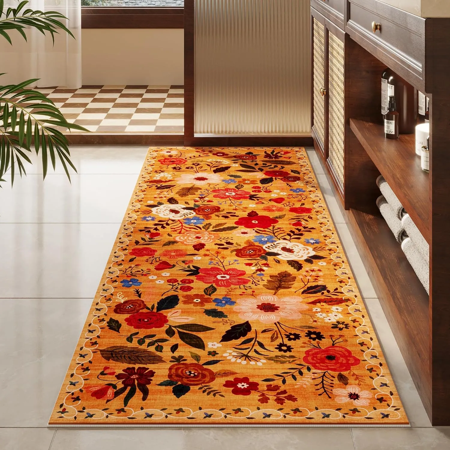 Runner Rug for Kitchen Rug Non Slip 2'x 6' Washable Rugs with Rubber Backing Soft Floral Carpet Runner for Hallways, Kitchen, Laundry, Bedroom, Bathroom(Yellow)