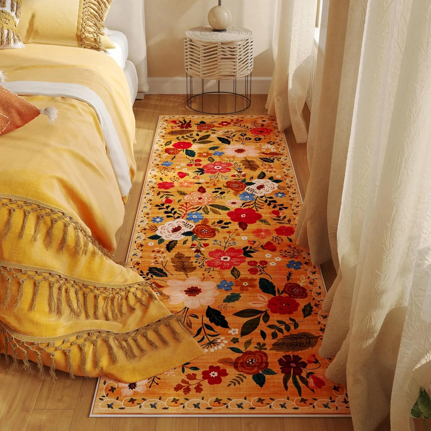 Runner Rug for Kitchen Rug Non Slip 2'x 6' Washable Rugs with Rubber Backing Soft Floral Carpet Runner for Hallways, Kitchen, Laundry, Bedroom, Bathroom(Yellow)