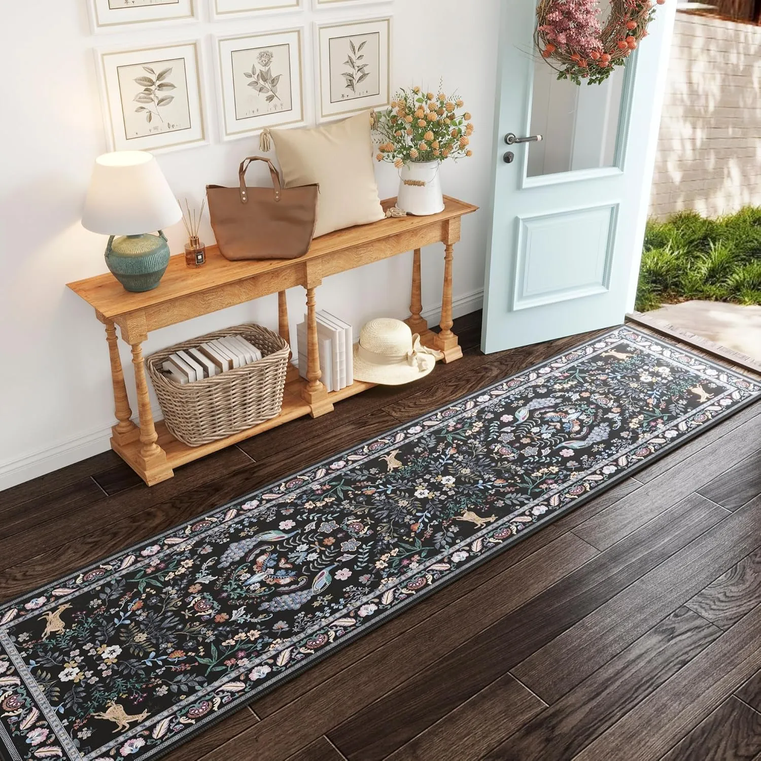 Runner Rug Washable Kitchen Runner 2'6''x8' Runner Rug for Entryway Indoor Floral Non-Slip Soft Carpet Runner for Hallways, Kitchen, Laundry, Bedroom, Bathroom(Black)
