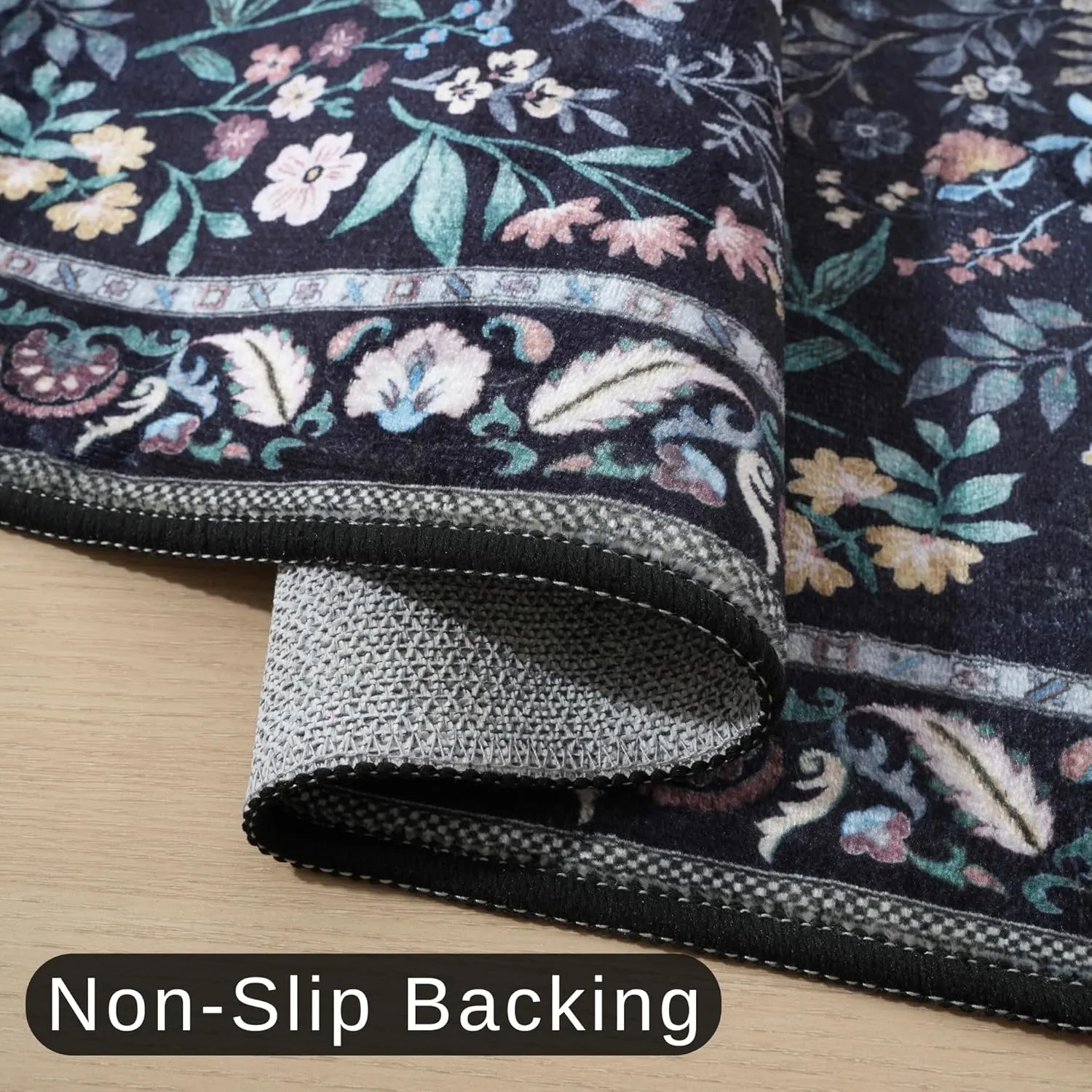 Runner Rug Washable Kitchen Runner 2'6''x8' Runner Rug for Entryway Indoor Floral Non-Slip Soft Carpet Runner for Hallways, Kitchen, Laundry, Bedroom, Bathroom(Black)