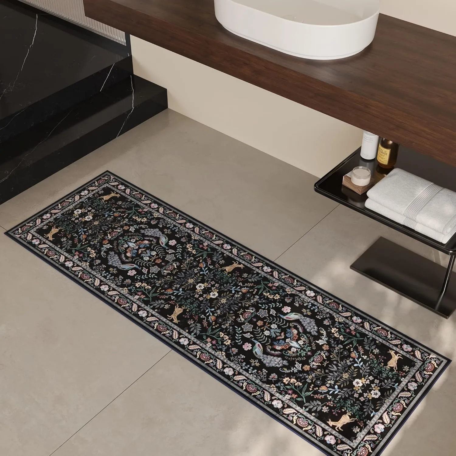Runner Rug Washable Kitchen Runner 2'6''x8' Runner Rug for Entryway Indoor Floral Non-Slip Soft Carpet Runner for Hallways, Kitchen, Laundry, Bedroom, Bathroom(Black)