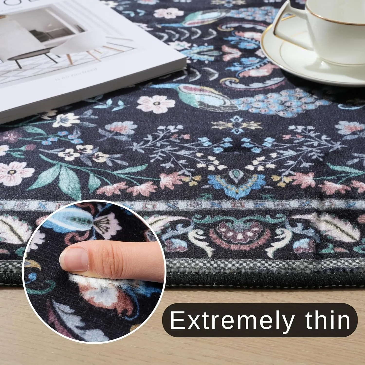 Runner Rug Washable Kitchen Runner 2'6''x8' Runner Rug for Entryway Indoor Floral Non-Slip Soft Carpet Runner for Hallways, Kitchen, Laundry, Bedroom, Bathroom(Black)