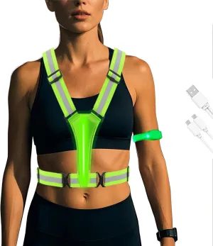 Running Set: LED Reflective Vest and Green Armband. Rechargeable, High-Visibility for Night Activities. Adjustable for Men, Women, Kids. Essential for Running, Cycling, Running Gear