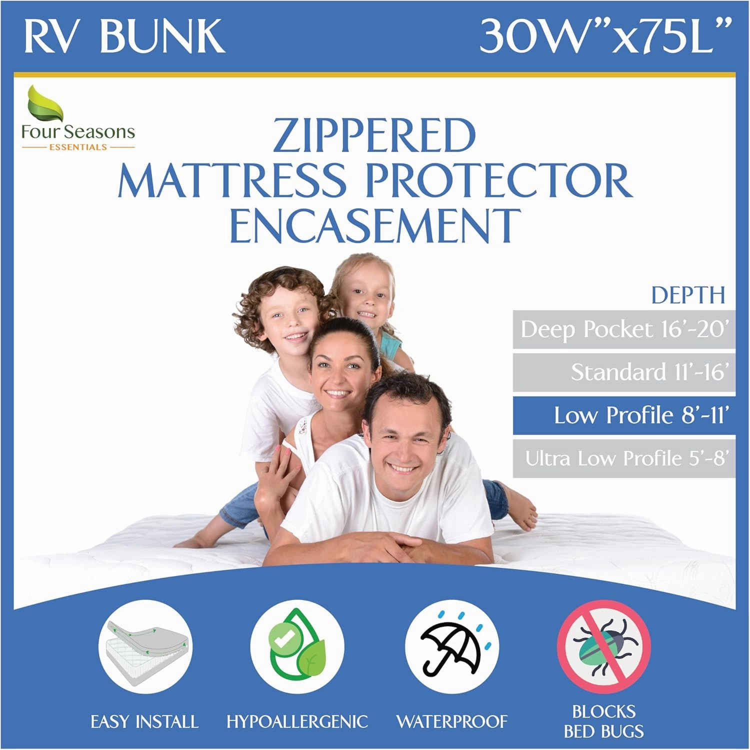 RV Bunk Mattress Encasement (30" W x 75" L) - Waterproof Zippered Protector - Cot Size Low Profile Fits 5" to 8" Thick - Hypoallergenic Premium Bed Cover Protects from Dust Allergens