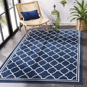 SAFAVIEH Amherst Collection Area Rug - 8' x 10', Navy & Beige, Moroccan Trellis Design, Non-Shedding & Easy Care, Ideal for High Traffic Areas in Living Room, Bedroom (AMT422P)