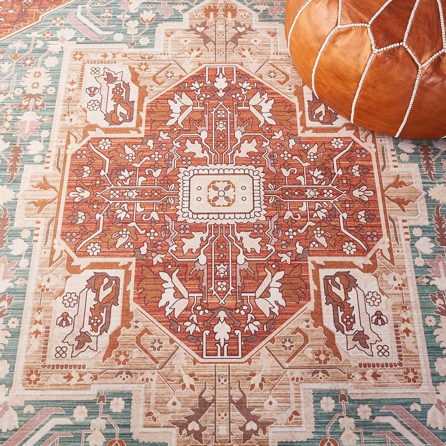 SAFAVIEH Area Rug 8x10 - Washable Tucson Collection - Large - Aqua & Rust, Slip Resistant, Ideal for Living Room, Bedroom, Kids Playroom Nursery, Office, Dining Space (TSN150J)