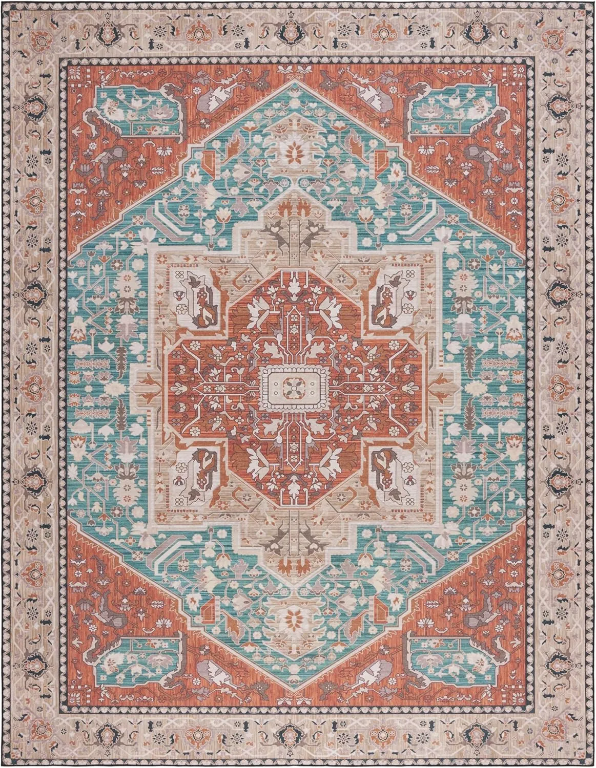 SAFAVIEH Area Rug 8x10 - Washable Tucson Collection - Large - Aqua & Rust, Slip Resistant, Ideal for Living Room, Bedroom, Kids Playroom Nursery, Office, Dining Space (TSN150J)