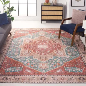 SAFAVIEH Area Rug 8x10 - Washable Tucson Collection - Large - Aqua & Rust, Slip Resistant, Ideal for Living Room, Bedroom, Kids Playroom Nursery, Office, Dining Space (TSN150J)