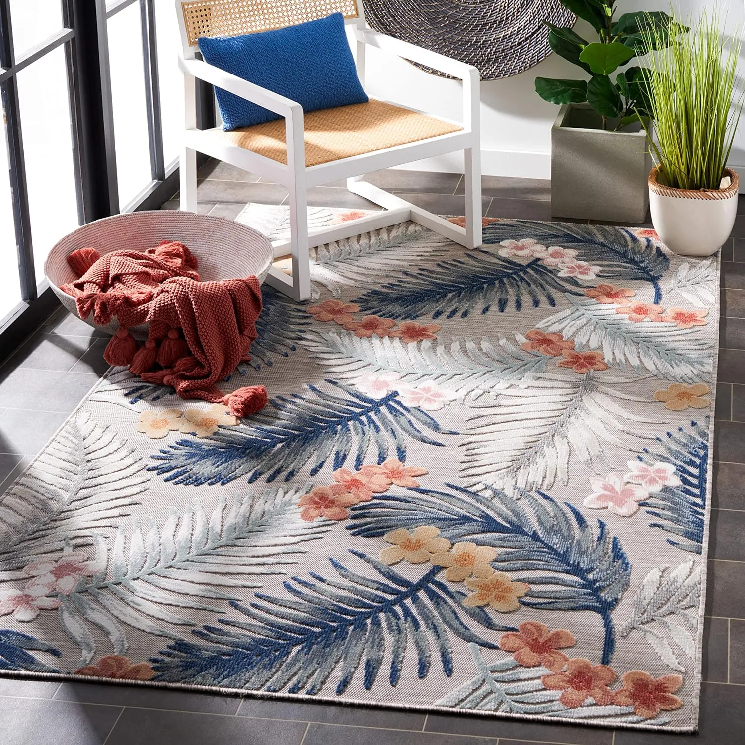 SAFAVIEH Cabana Collection Area Rug - 8' x 10', Grey & Navy, Tropical Design, Non-Shedding & Easy Care, Indoor/Outdoor & Washable-Ideal for Patio, Backyard, Mudroom (CBN451F)