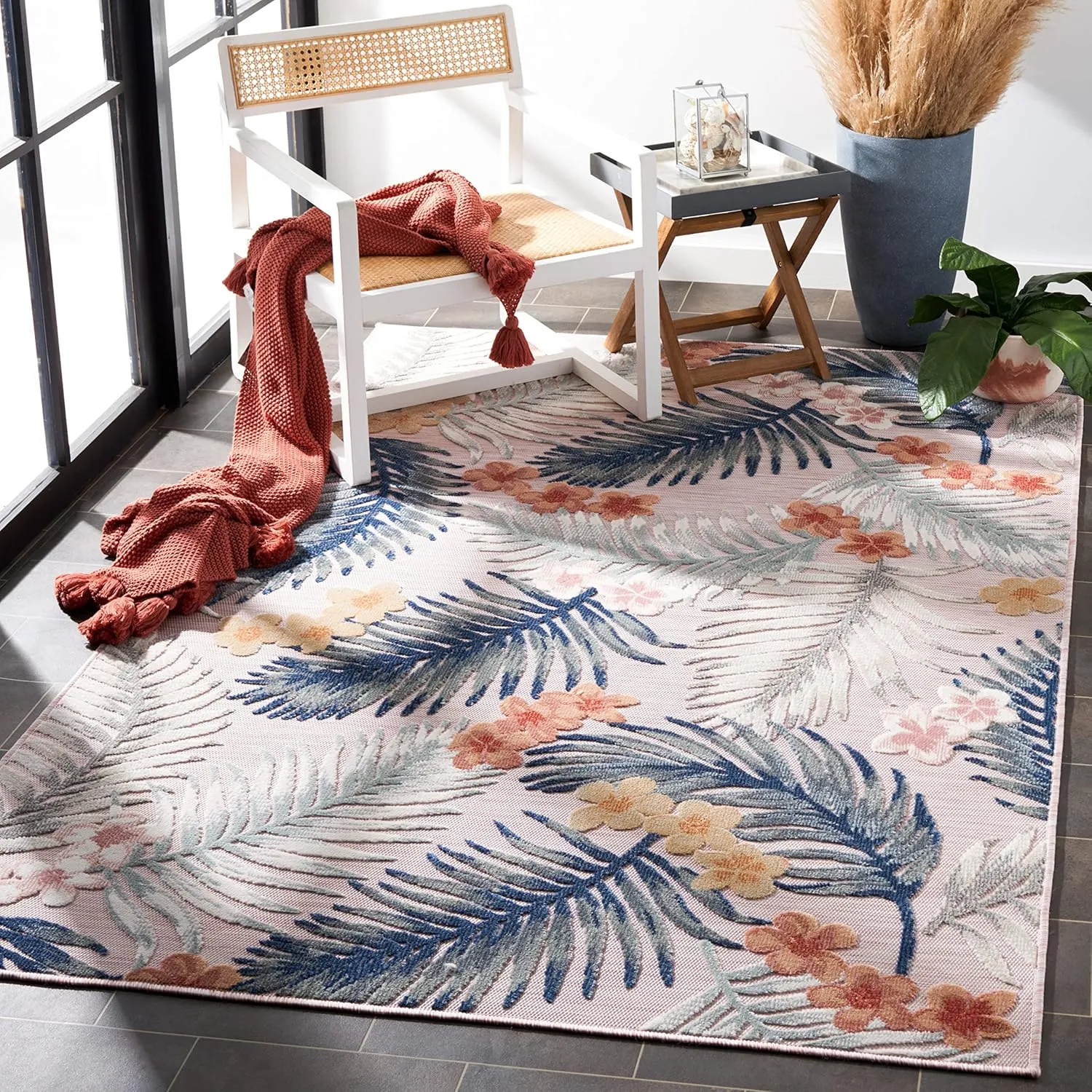 SAFAVIEH Cabana Collection Area Rug - 8' x 10', Pink & Grey, Tropical Design, Non-Shedding & Easy Care, Indoor/Outdoor & Washable-Ideal for Patio, Backyard, Mudroom (CBN451U)