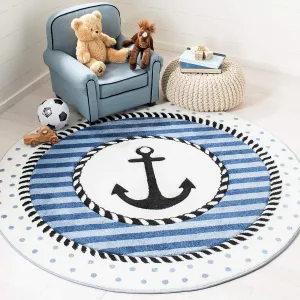 SAFAVIEH Carousel Kids Collection 6'7" Round Navy/Ivory CRK124N Nautical Anchor Non-Shedding Nursery Playroom Area Rug