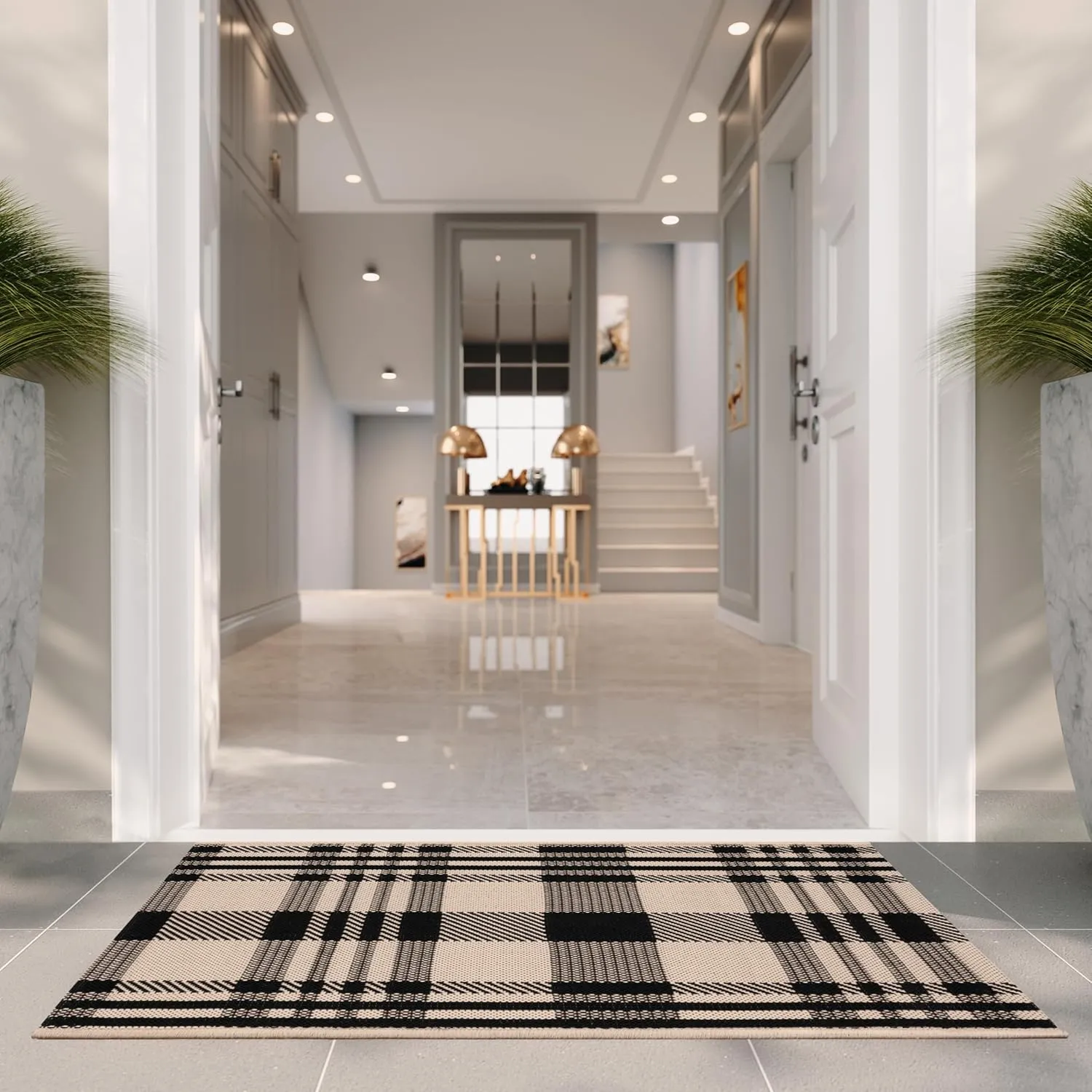 SAFAVIEH Courtyard Collection Area Rug - 5'3" x 7'7", Black & Bone, Indoor/Outdoor, Plaid Pattern, Weather Resistant & Washable, Ideal for Patio, Backyard, Mudroom, Deck, Dining Space (CY6201-216)
