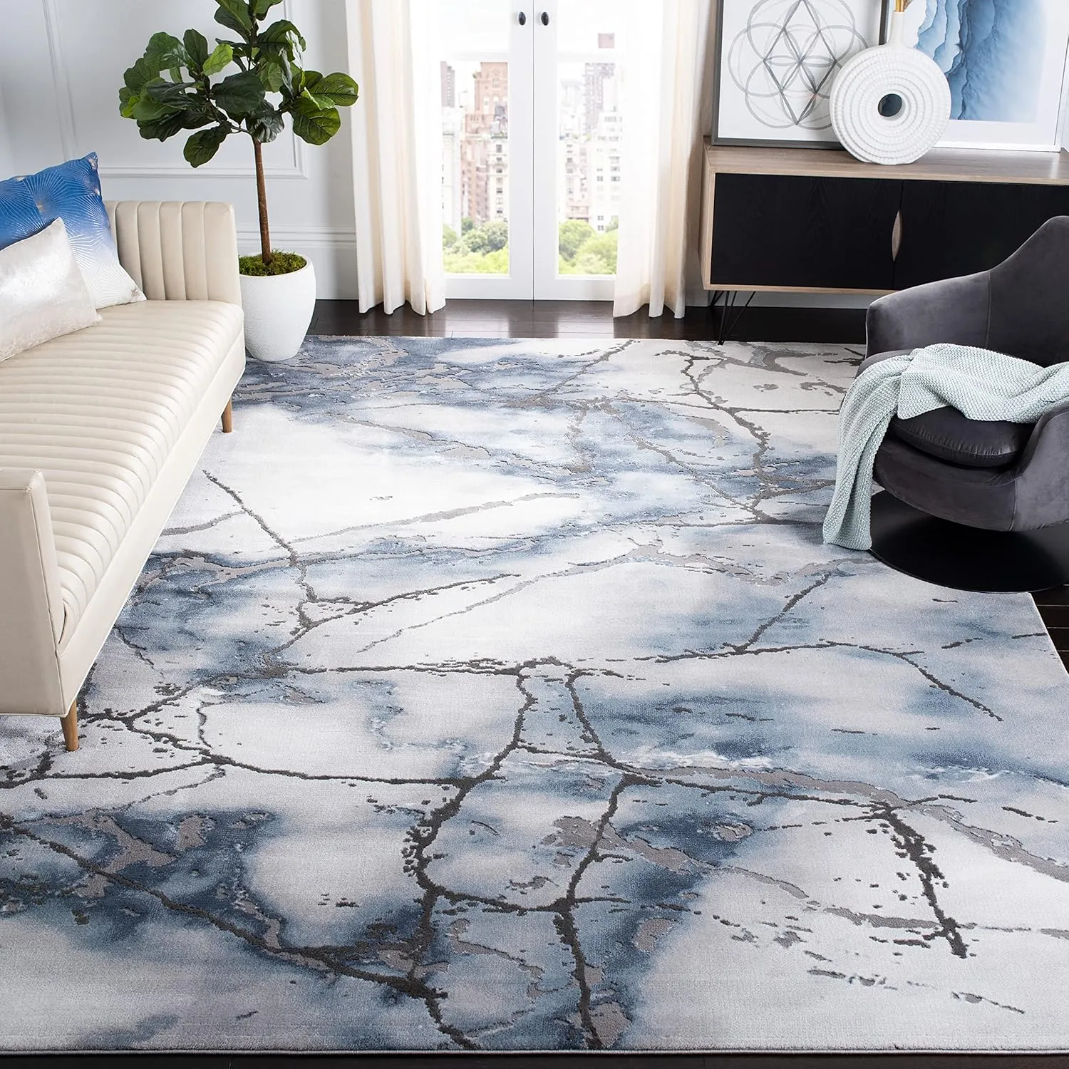 SAFAVIEH Craft Collection Area Rug - 6'7" x 9', Grey & Blue, Modern Abstract Design, Non-Shedding & Easy Care, Ideal for High Traffic Areas in Living Room, Bedroom (CFT877L)