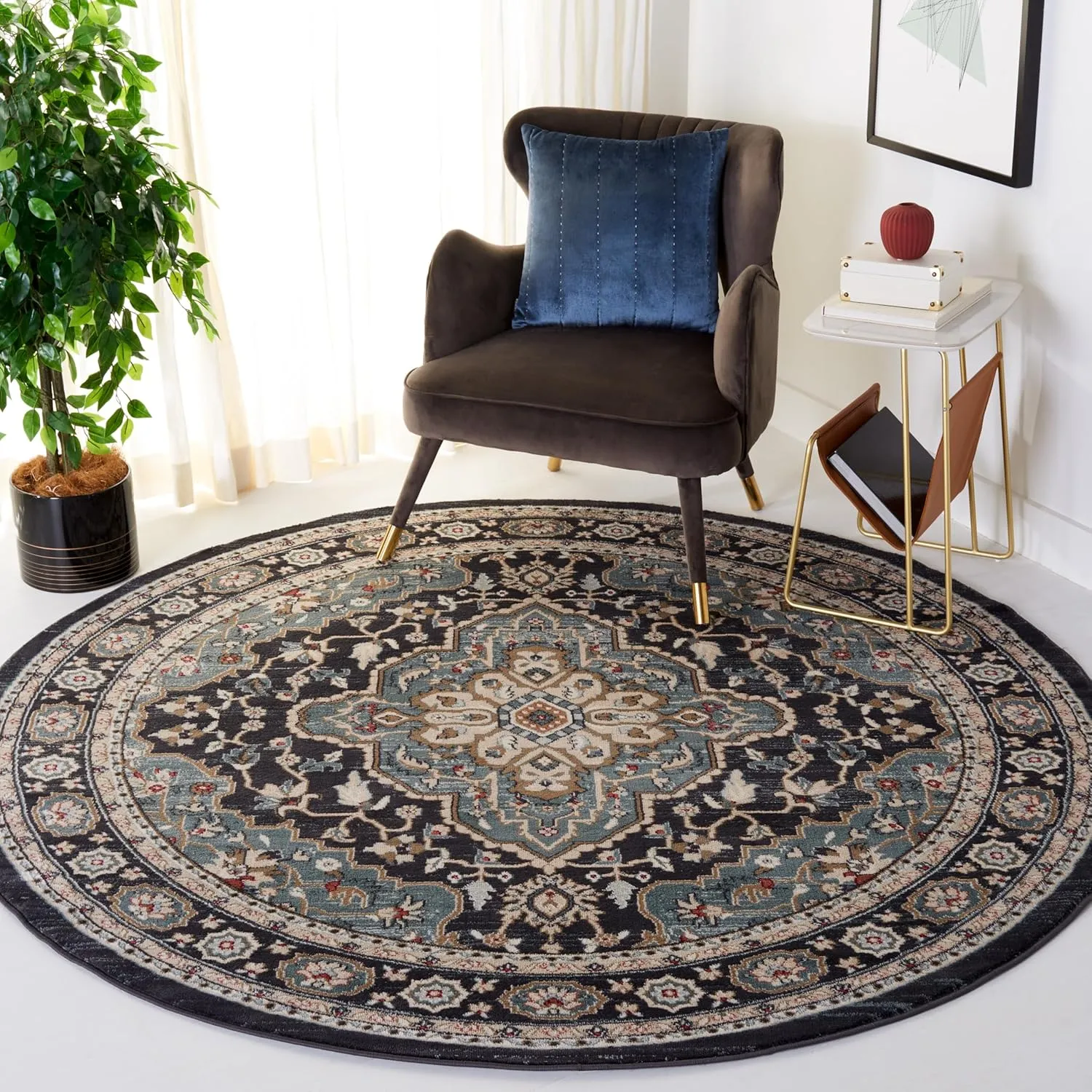 SAFAVIEH Lyndhurst Collection Area Rug - 7' Round, Anthracite & Teal, Traditional Oriental Design, Non-Shedding & Easy Care, Ideal for High Traffic Areas in Living Room, Bedroom (LNH338C)