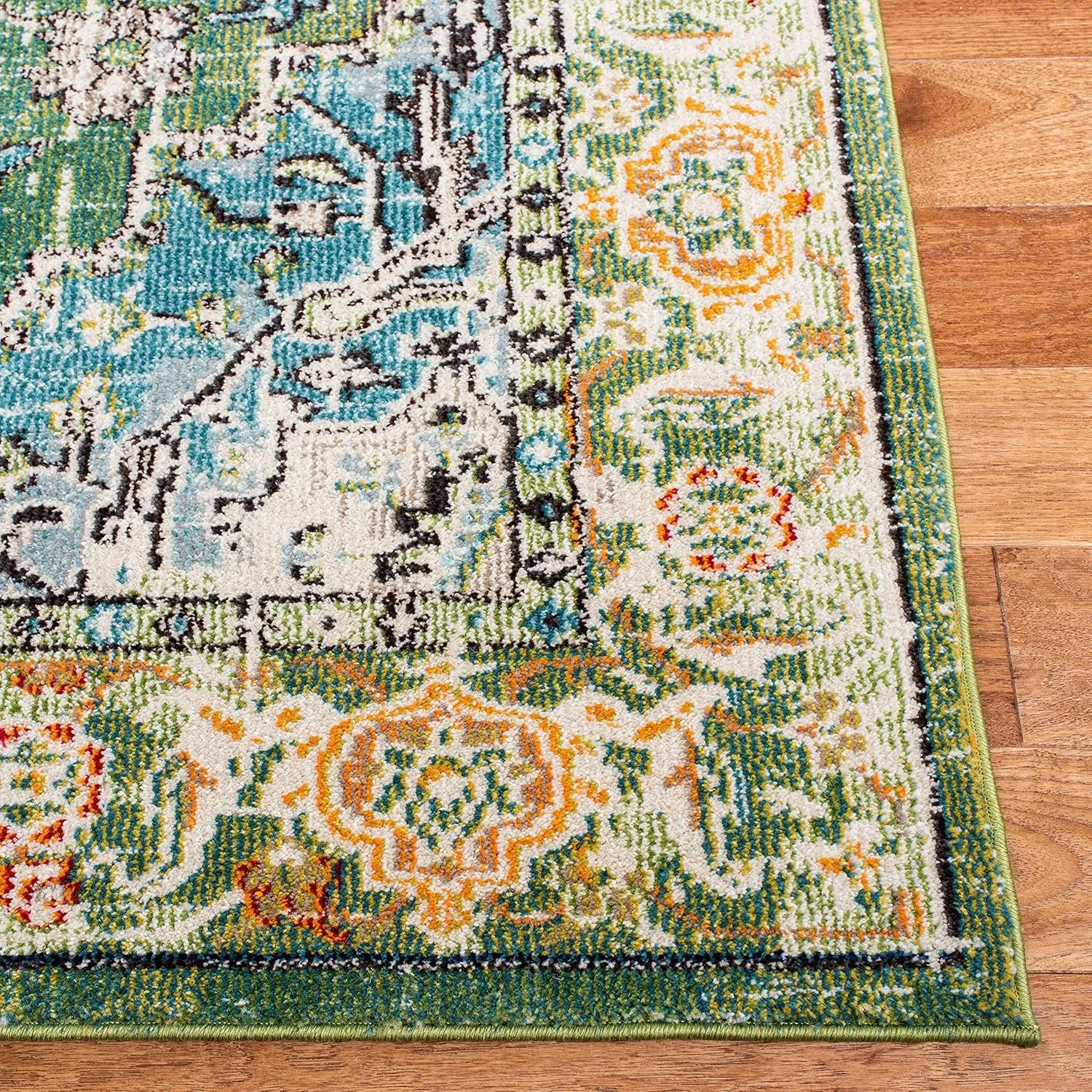SAFAVIEH Monaco Collection Area Rug - 6'7" x 9'2", Green & Turquoise, Boho Oriental Medallion Design, Non-Shedding & Easy Care, Ideal for High Traffic Areas in Living Room, Bedroom (MNC207Y)