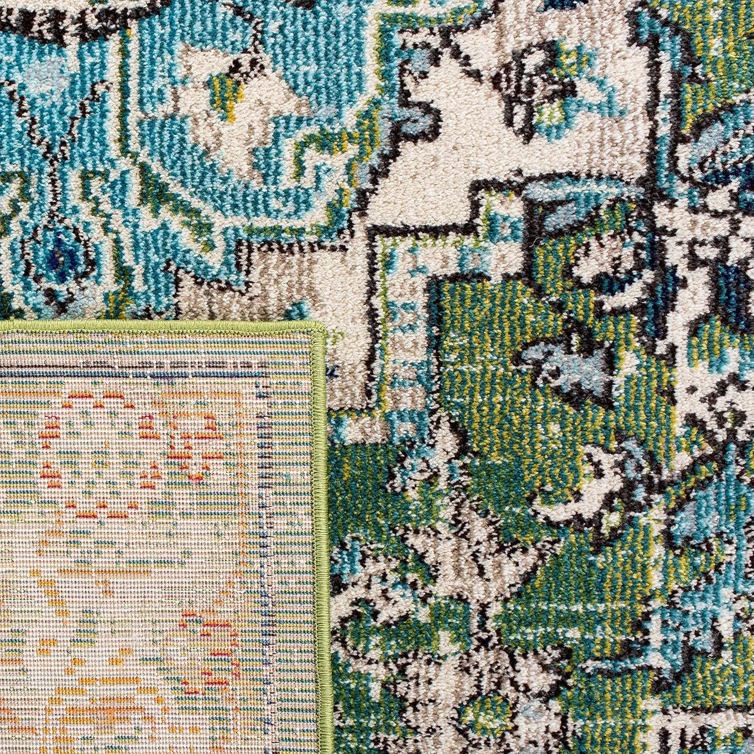 SAFAVIEH Monaco Collection Area Rug - 6'7" x 9'2", Green & Turquoise, Boho Oriental Medallion Design, Non-Shedding & Easy Care, Ideal for High Traffic Areas in Living Room, Bedroom (MNC207Y)
