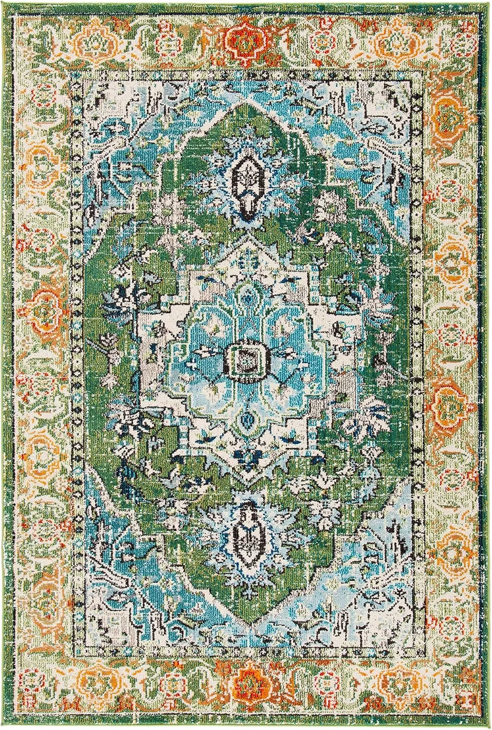 SAFAVIEH Monaco Collection Area Rug - 6'7" x 9'2", Green & Turquoise, Boho Oriental Medallion Design, Non-Shedding & Easy Care, Ideal for High Traffic Areas in Living Room, Bedroom (MNC207Y)