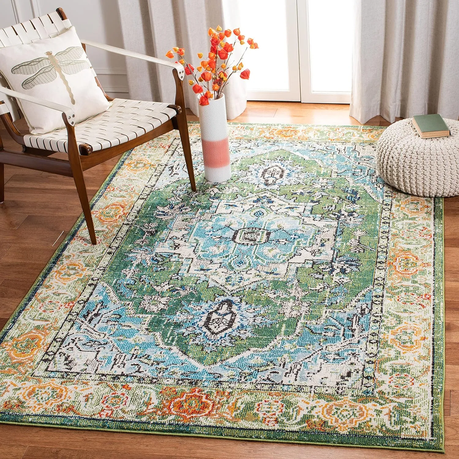 SAFAVIEH Monaco Collection Area Rug - 6'7" x 9'2", Green & Turquoise, Boho Oriental Medallion Design, Non-Shedding & Easy Care, Ideal for High Traffic Areas in Living Room, Bedroom (MNC207Y)