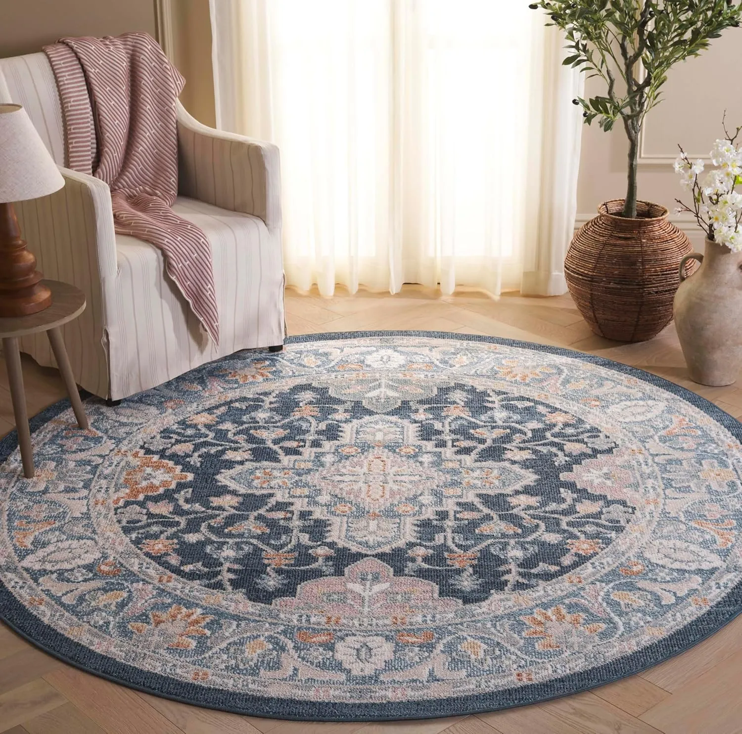 Safavieh Washable Rug Blair Collection- 6'7" Round, Navy & Blue, Easy Cleaning, Ideal for in Living Room, Bedroom, Home Office, Foyer, Dining Space (BLR246N)