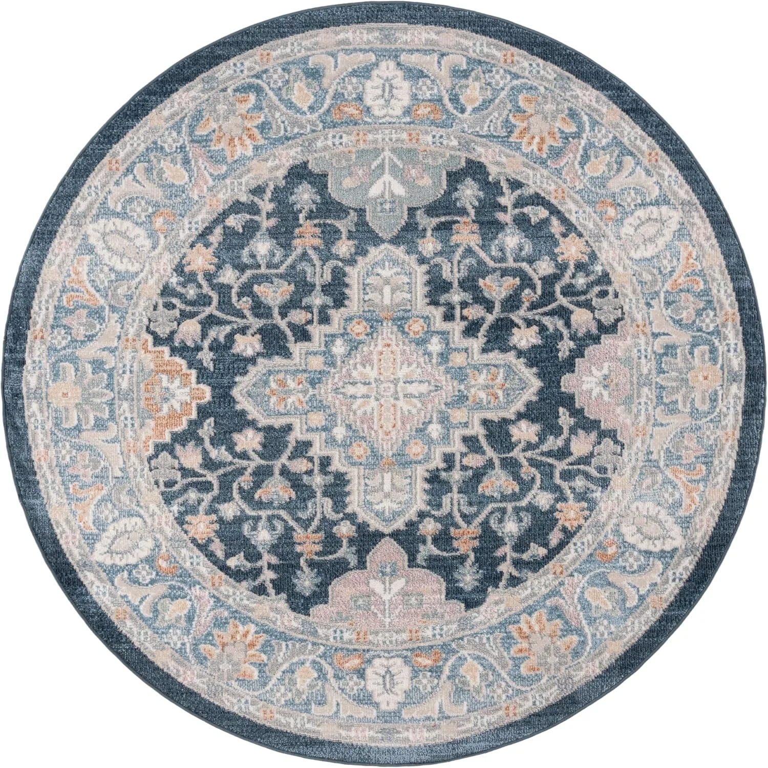 Safavieh Washable Rug Blair Collection- 6'7" Round, Navy & Blue, Easy Cleaning, Ideal for in Living Room, Bedroom, Home Office, Foyer, Dining Space (BLR246N)